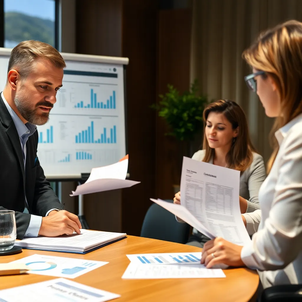İş toplantısında finansal tabloları inceleyen danışmanlar